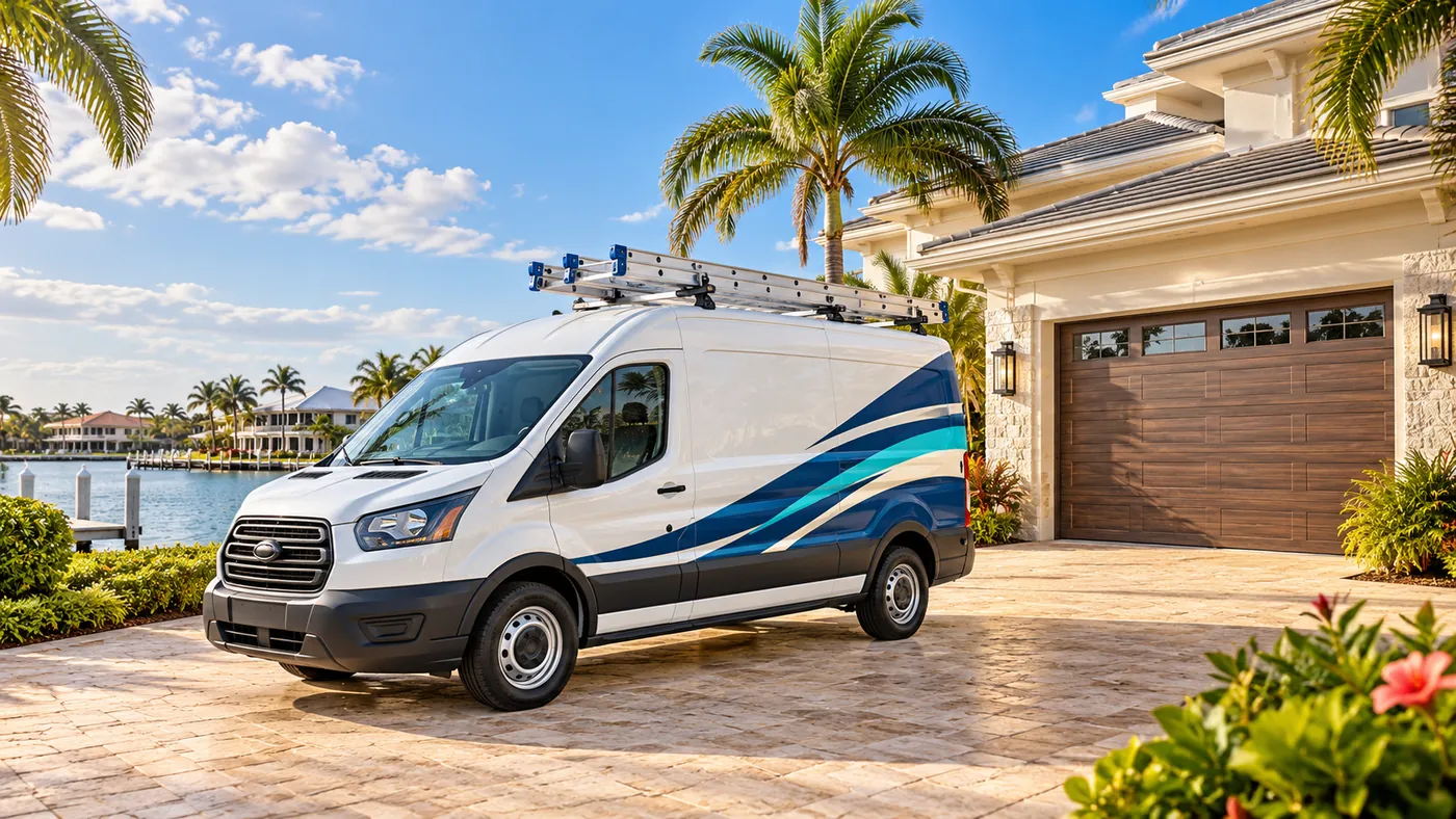 The white Estero Garage Door N More van, with the logo and blue waves on the side, parked in an Estero driveway