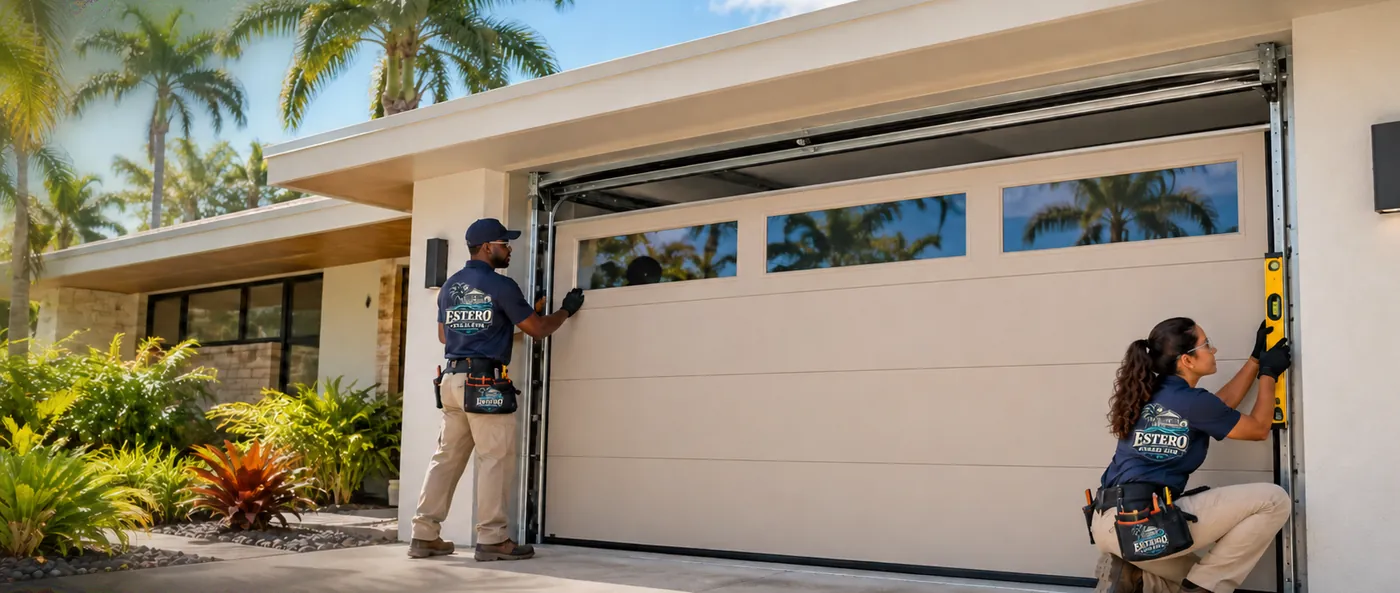 Two technicians installing a new sand-colored garage door with windows on an Estero home