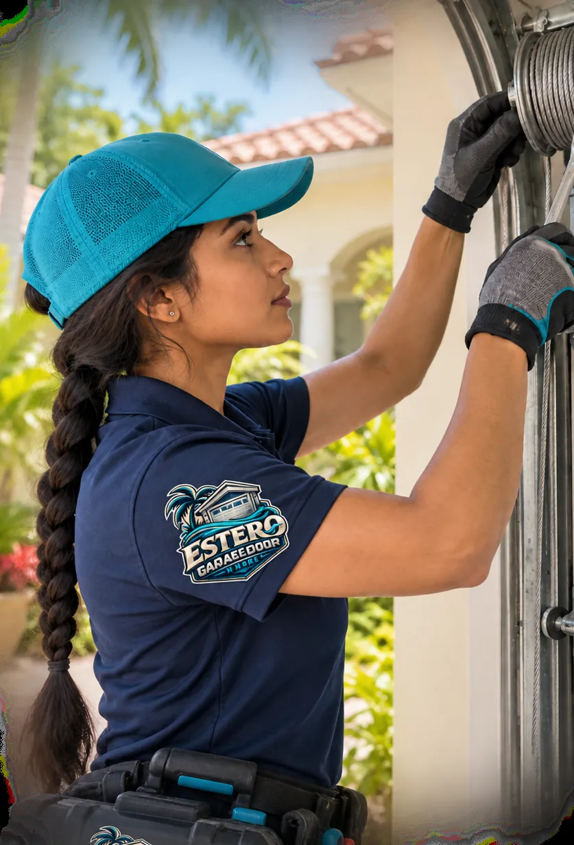 Technician in a turquoise cap working on a garage door cable drum